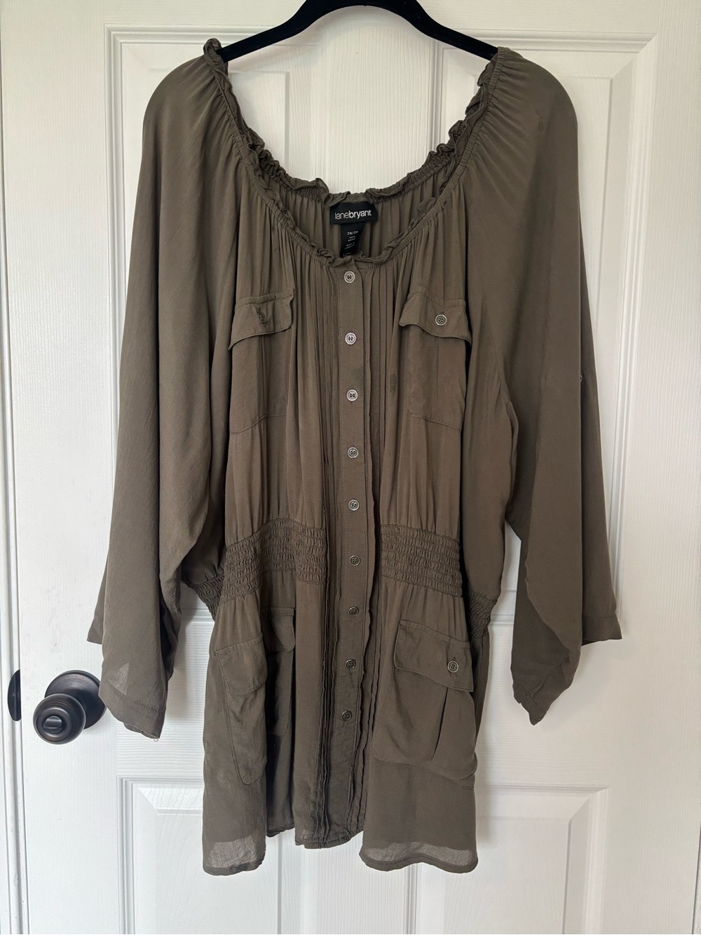 Lane Bryant 26/28 Olive Boho Peasant Tunic Blouse Smocked Waist Utility Pockets